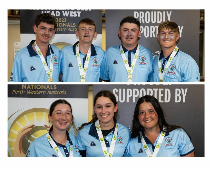 Tim Thorning (top photo second from left) and Ella Cameron (bottom photo right) with their gold medal-winning team-mates. 