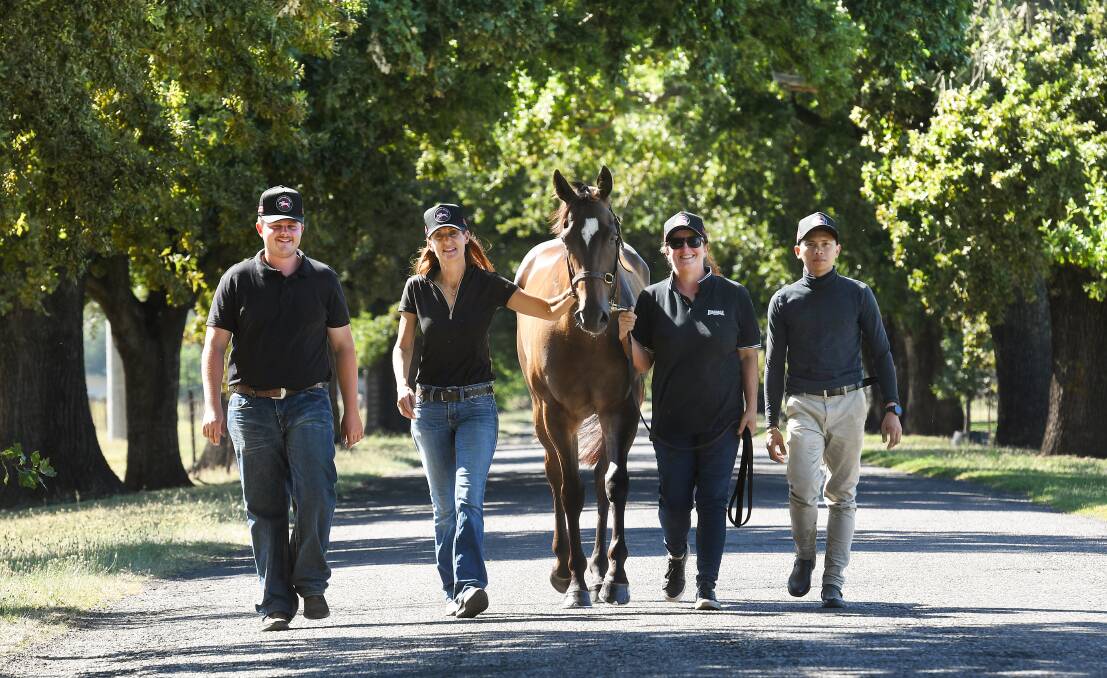 Tamworth trainer Melanie O'Gorman (second from left) and staff Ben Cook, Cindy Macdonald and Carlos Dislo are hoping So Country can secure a run in next month's Country Championship qualifier. Picture by Gareth Gardner 040123GGA (5) 