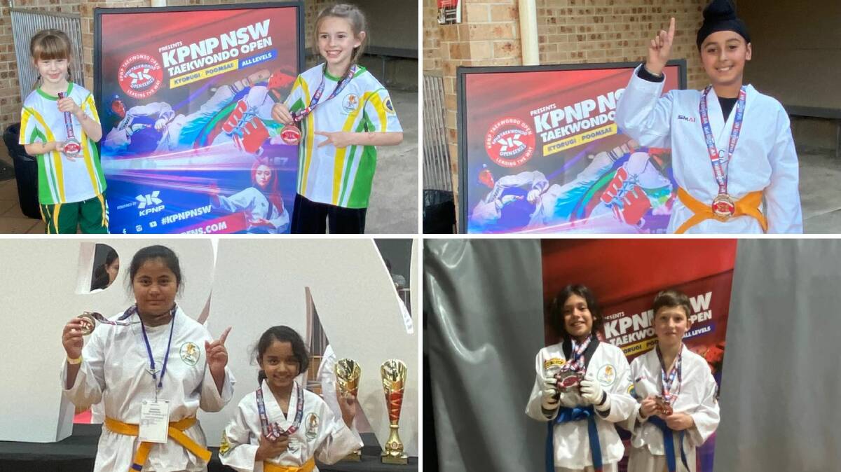 The Tamworth-based Fit-For-It Taekwondo Academy's (clockwise from top left) Charlie and Violet Davis, Damonjot Singh, Mirridhi Knox and Harrison Kollias, and Katerina Koubwere and Saya Aneesh were all among the medals at the recent NSW Round of the KPNP Taekwdondo Open series.