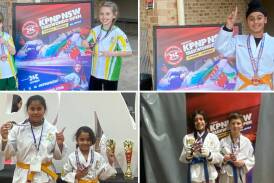 The Tamworth-based Fit-For-It Taekwondo Academy's (clockwise from top left) Charlie and Violet Davis, Damonjot Singh, Mirridhi Knox and Harrison Kollias, and Katerina Koubwere and Saya Aneesh were all among the medals at the recent NSW Round of the KPNP Taekwdondo Open series.
