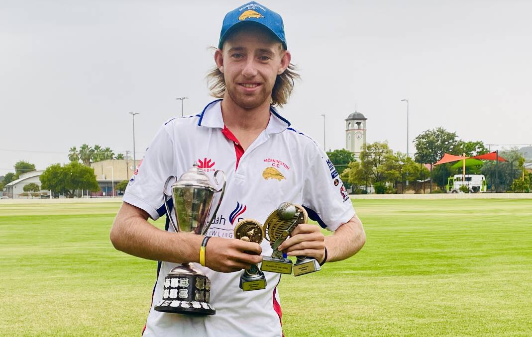 It was a juggling act for Mornington quick Lachie Straney posing for this photo after picking up three of the major season awards, including the Player of the Year.