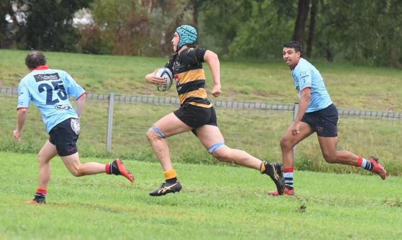 Hall bursts through for a try during Pirates' trial against Dubbo earlier in the season. Picture by Samantha Newsam