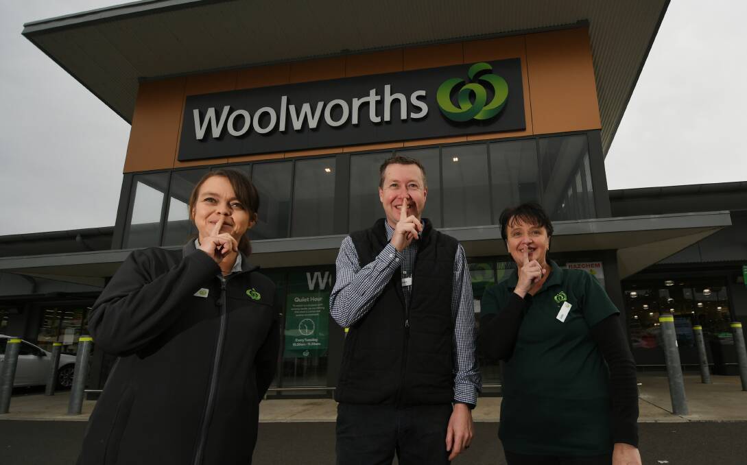 SHH: Woolworths Eastpoint store manager Brett Rushby (centre) with Peta Roberts and Julie Russell. Photo: Gareth Gardner