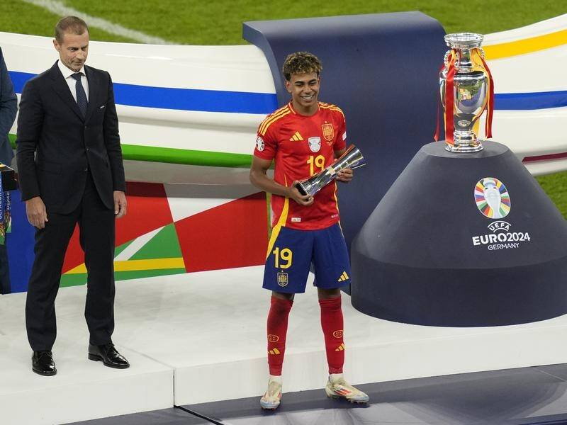 Spain's teenage sensation Lamine Yamal has been named in the Euro24 team of the tournament. (AP PHOTO)