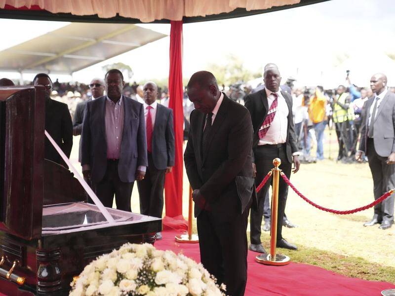 Kenyan President William Ruto pays his respects to Kelvin Kiptum ahead of the athlete's funeral. (AP PHOTO)