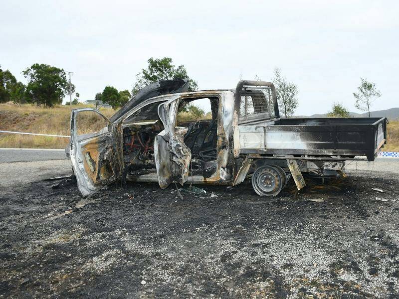 A ute allegedly used in an arson attack that killed two men was found burnt out. Photo: HANDOUT/VICTORIA POLICE