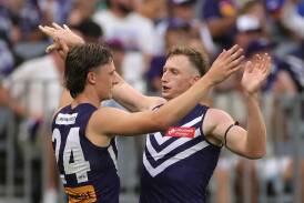 Dockers youngsters Jye Amiss (l) and Josh Treacy (r) are forging a strong bond in attack. Photo: Richard Wainwright/AAP PHOTOS