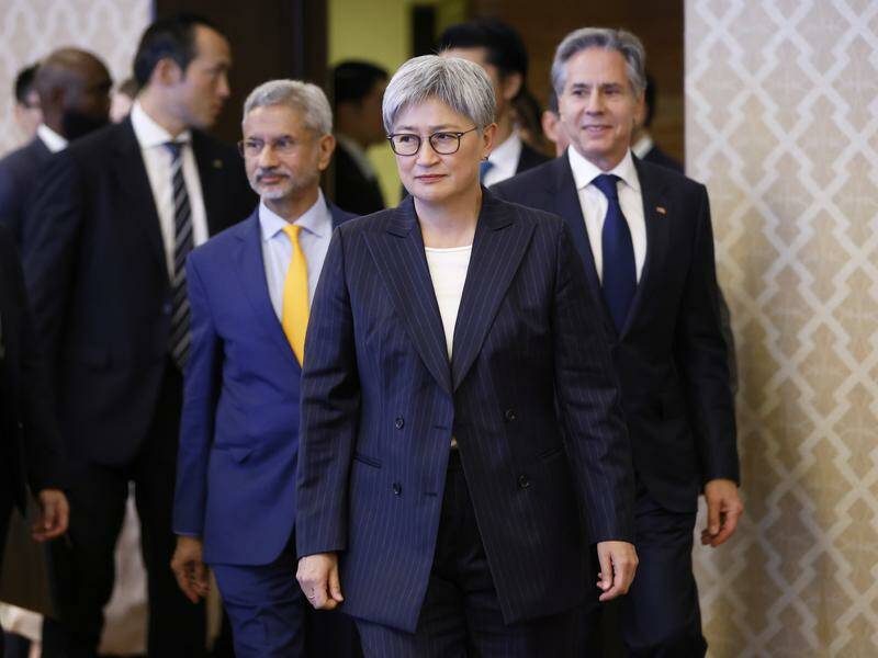 Penny Wong arrives for the Quad meeting with her foreign counterparts in Japan on Monday. Photo: EPA PHOTO
