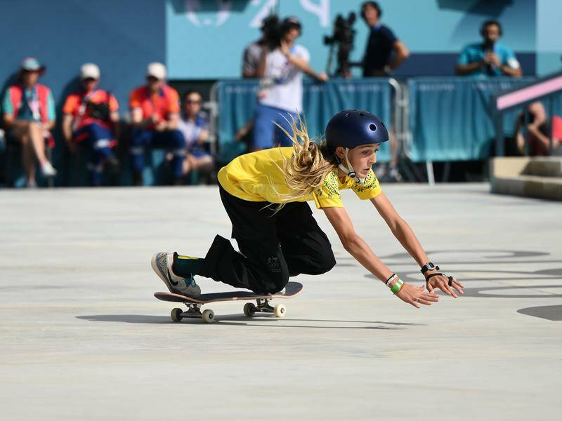 Chloe Covell struggled in the medal round of the street skateboarding at the Paris Olympics. Photo: Joel Carrett/AAP PHOTOS