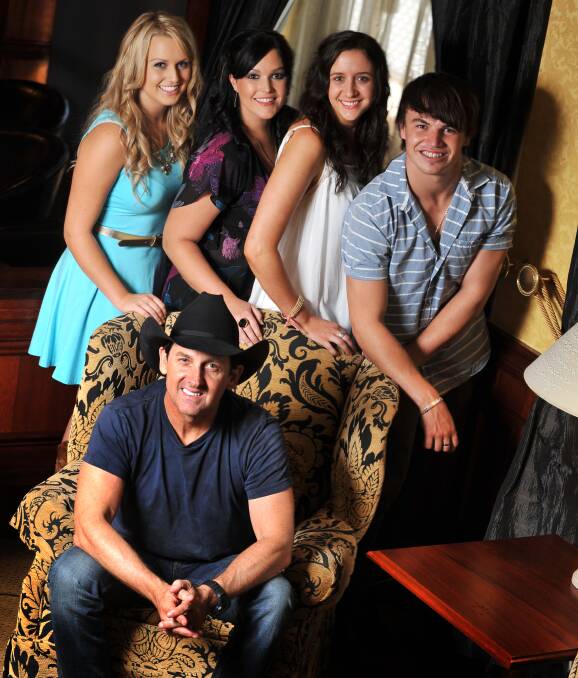 Lee Kernaghan with 2013 Toyota Starmaker finalists, Kristie Lamb, Sarah Head, Kaylee Bell and Nathan Lamont. Photo:Barry Smith 240113BSI14