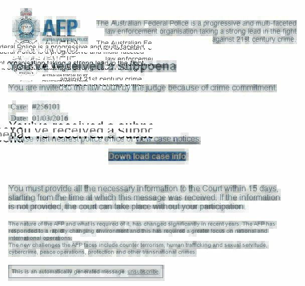 SCAM NOTICE: The email purports to be a court notice from the Australian Federal Police.
